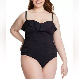 NWT Bleu Rod Beattie | Black Kore Shirred Ruffle One Piece Swimsuit 16W